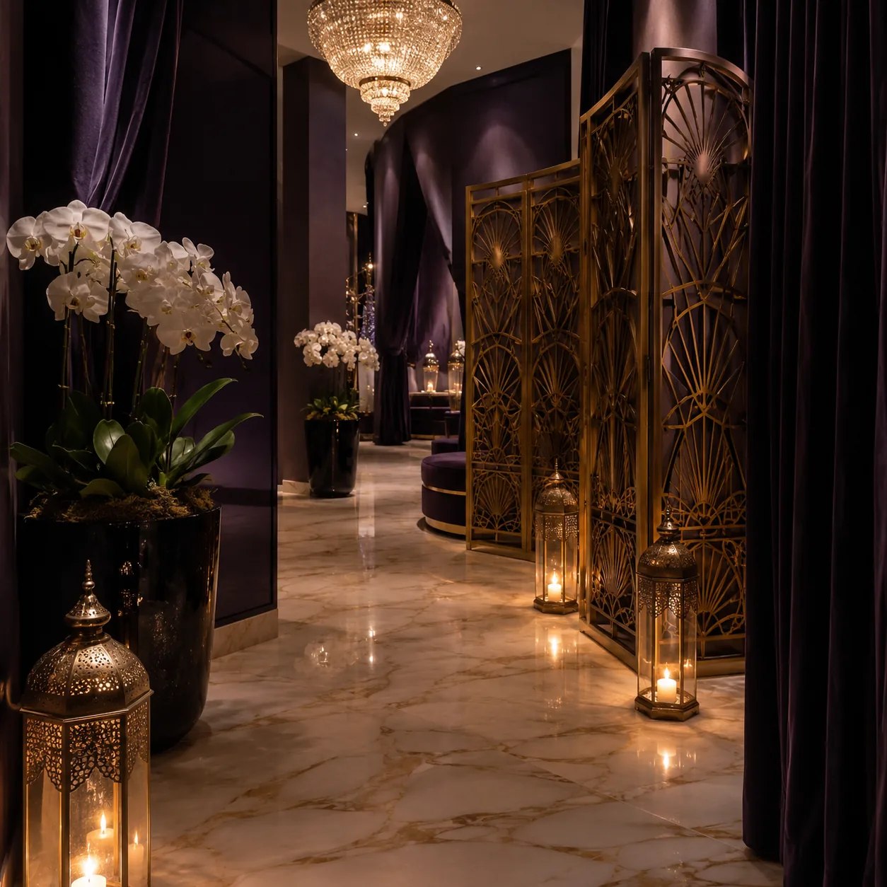 Giriş holü, avize ve paravan — Lila Spa, Bağcılar misafirlerine hizmet veren salon