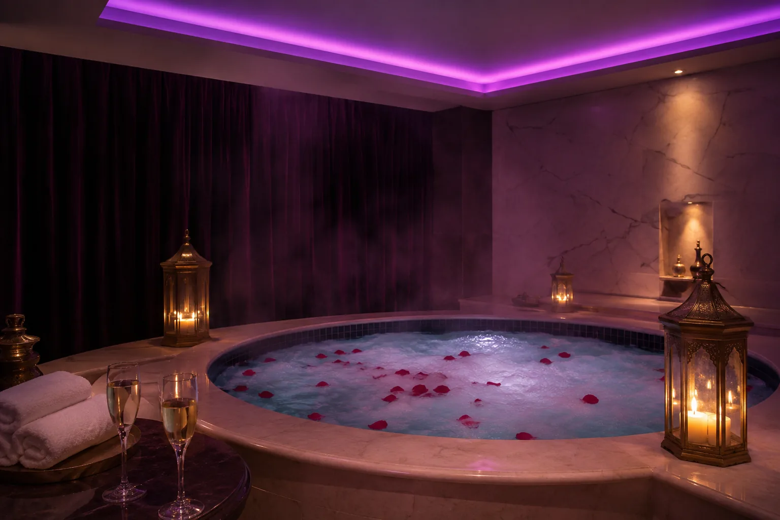 Jakuzili vip odanın mor ışıklı hâli — Lila Spa, Bağcılar misafirlerine hizmet veren salon